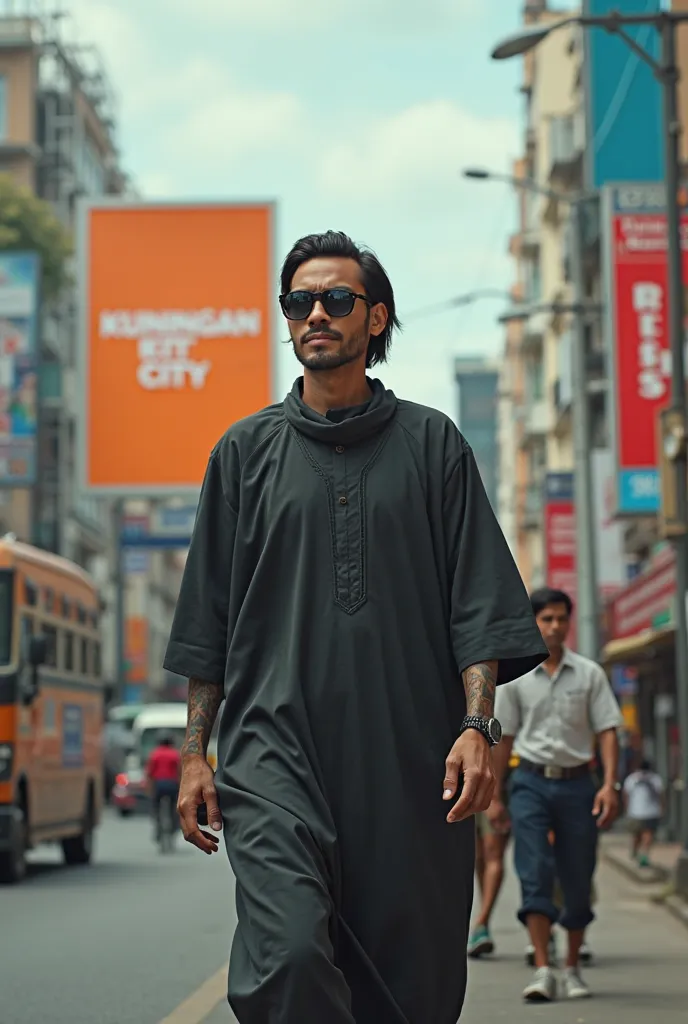 A young Indonesian man aged 35 years old with semi-long hair sunglasses tattooed in traditional Indonesian Muslim dress walks down the street of the capital under a billboard that reads Kuningan city. The background of the streets of the capital looks real...