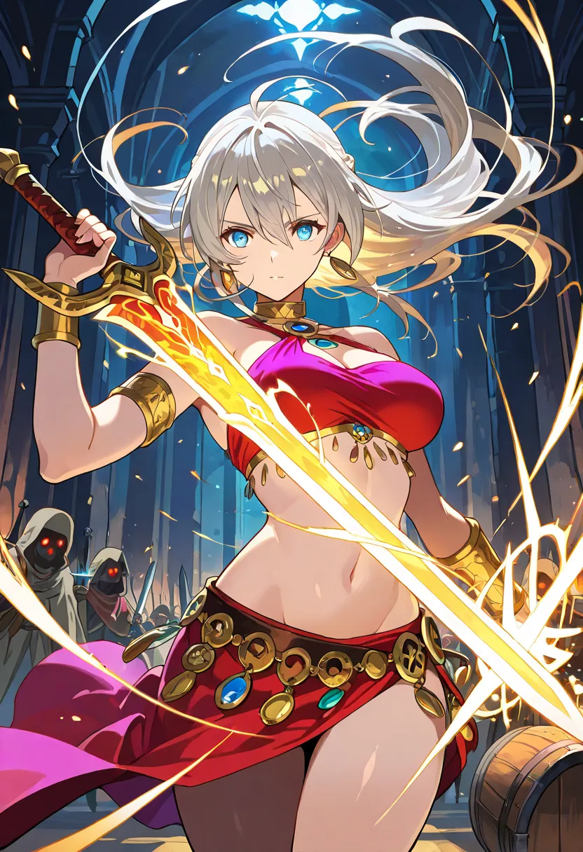 ((sword))In the palm of your hand,A swordsman going into battle, she dressed as a female dancer .,(holding a sword),illustrations,animation,The swordsman dressed up in women's clothing to catch the enemy off guard, beautiful and cool , neutral facial featu...