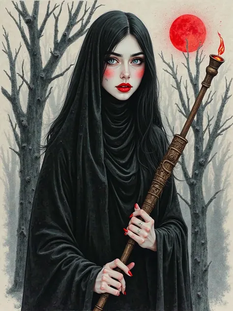  The drawing of a woman covered like a black abaya shows her long dark black hair, her skin is white, her eyelashes are thick and black, and her eyebrows are medium-thick, but they are also black. Her fingers are rather long and her nails are also red. Her...