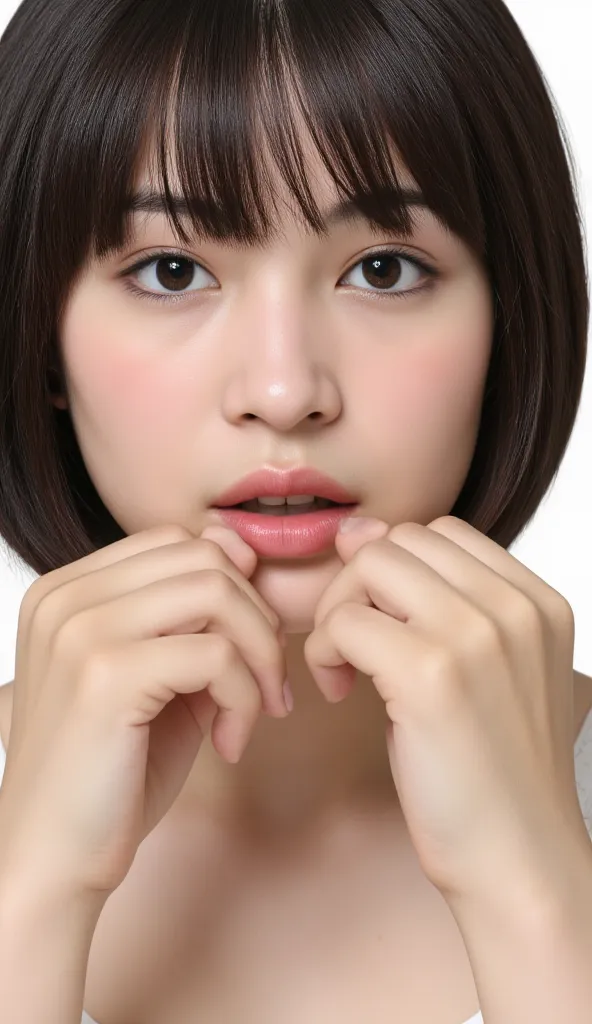  masterpiece, Highest quality,  super precise. 1 Japanese girl,   mature face、bob cut,   black hair,  focus on the face、Open your index finger and middle finger and place your hand over your mouth、Pinch your lips between your fingers and stick out your ton...