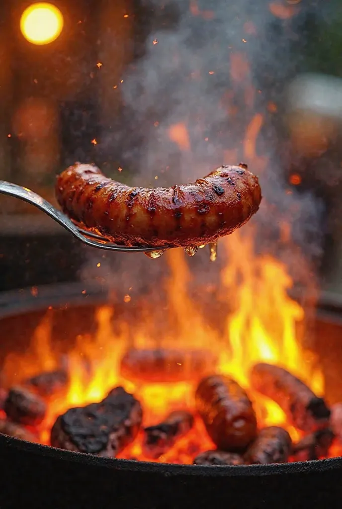 Sales announcement, a sausage on a fork in a lively grill