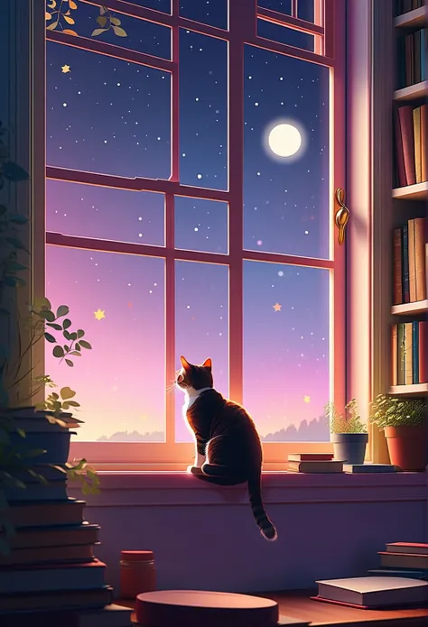 (is best:1.2), aesthetic, low fidelity, simple atmosphere, cat, Book, window, moon, Light Bokeh,  soft colors , flash, Dynamic side corner, natural soft lighting,  8K resolution on the front, illustration, Soft four-tone color