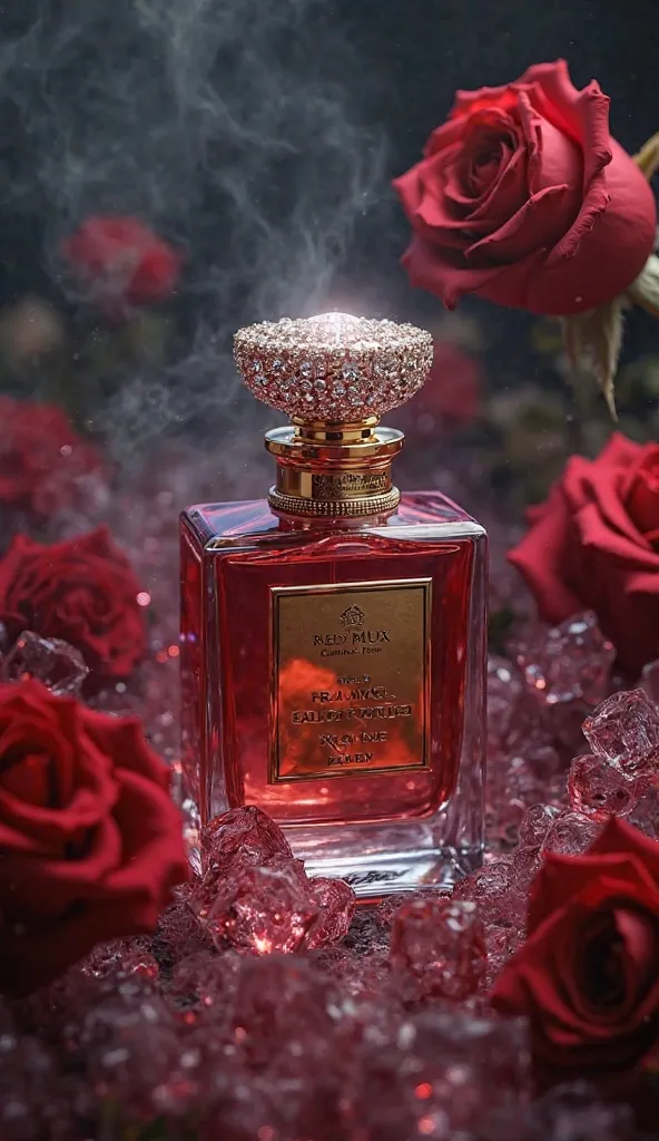 create a rose perfume bottle with diamond cap, in the background put some smoky black, roses, and ice. make the perfume color red and make it GOLDEN labeled it with "RED MUX" "CARMSE" "EAU DE PARFUM"