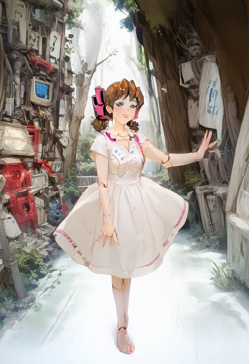 A girl is jumping up on the forest, Middle age, joint seam,full body view, height 160 cm mechanical lady, skin pigment , she gets ecstasy, very short pigtails, brown hair, Hair tie with two red big red clothespins, mature, android, blue eyes, full body fig...