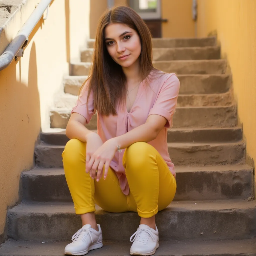 woman sits on a staircase. Has a pink blouse on. Yellow pants and sneakers.  style photorealistic ,  sharp focus, very detailed, sunlight, Detail