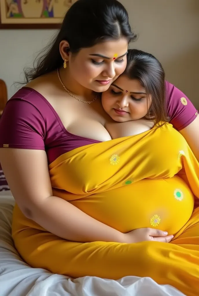 A photo of a young, beautiful Indian woman with fair, bright skin and a plus-size body. She is wearing a coffee purple short-sleeved blouse and a yellow design saree. The saree has slipped and fallen down and the blouse breasts are seen. She has wide flesh...