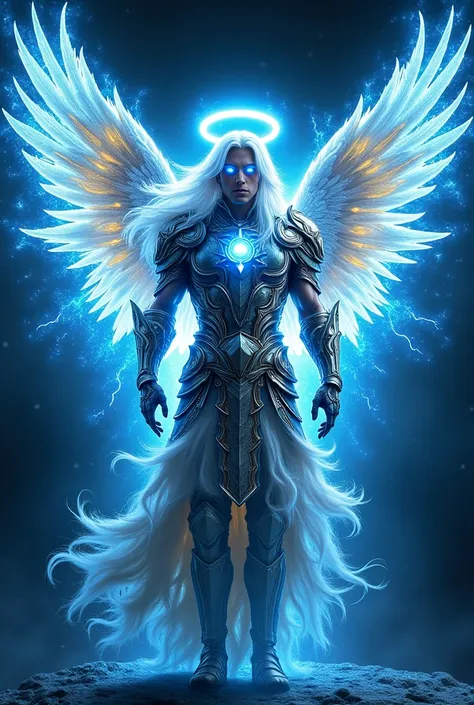 "A celestial angelic warrior, distinctly masculine, with glowing blue eyes, long white flowing hair, and intricate metallic armor pulsating with dynamic electric blue energy. His radiant crystalline halo emits fluid light waves. Large, fully visible feathe...