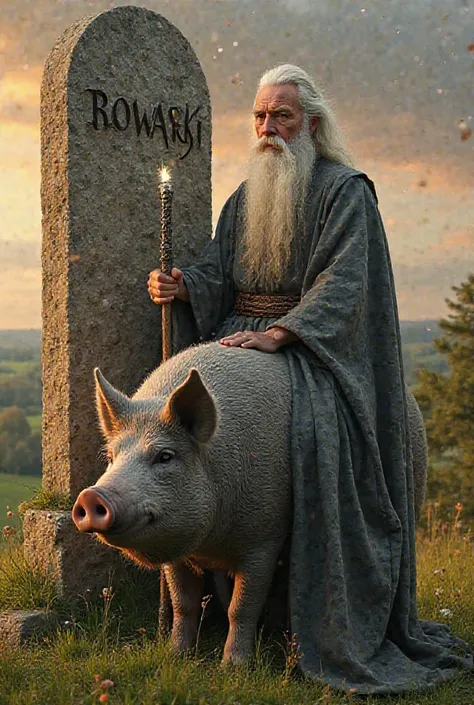 Against the background of a stone stele with the inscription "Browarki" stands Gandalf, sitting on a big pig. A magician in a gray robe with a long beard confidently holds his staff, which glows slightly with magical light. The pig looks proud, , her shiny...