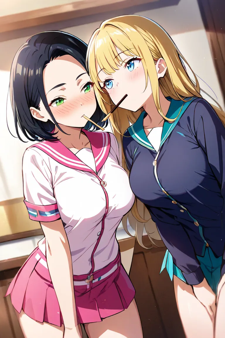 Two girls（long hair、blond hair（A pair of ribbons on the left and right）、Big Breasts、 green eyes、Fleeting、 sleep 、Lean on your shoulders 、peace of mind、peace）、（short hair、 black hair、 small tits、 blue eyes、Rin々Shii、Love ）、 pale pink sailor suit wearing a ha...