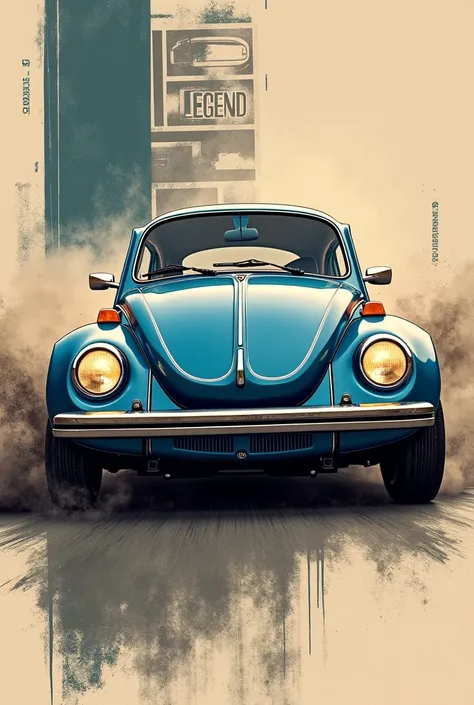 A brutalist retro-futurism poster featuring a legendary classic muscle car, mid-motion, with dust and smoke trailing behind. The car, a Super Beetle de 1971 blue color, is captured in a dynamic three-quarter view, showcasing its aggressive stance, bold rac...