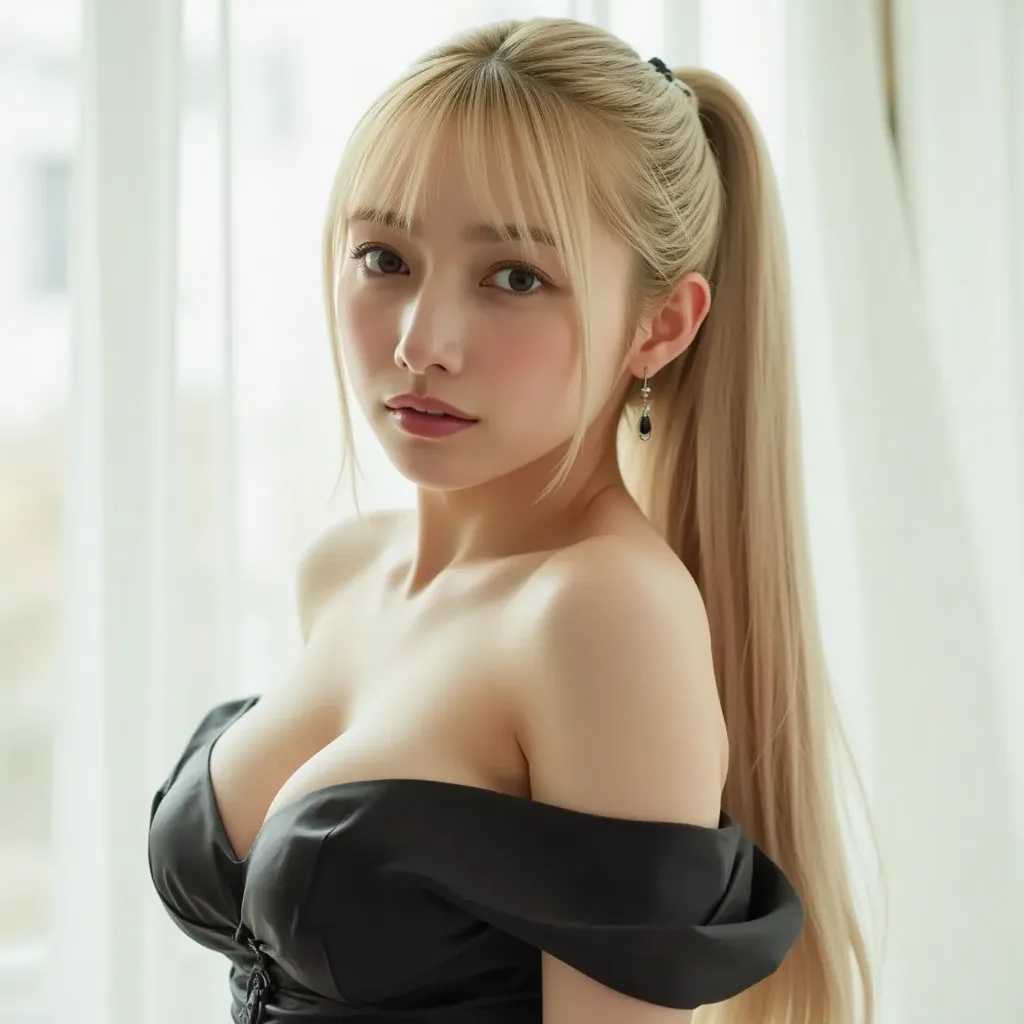 white blond long hair、 hairstyle is straight、 light background、super long hair、ponytail、black maid outfit、ponytail