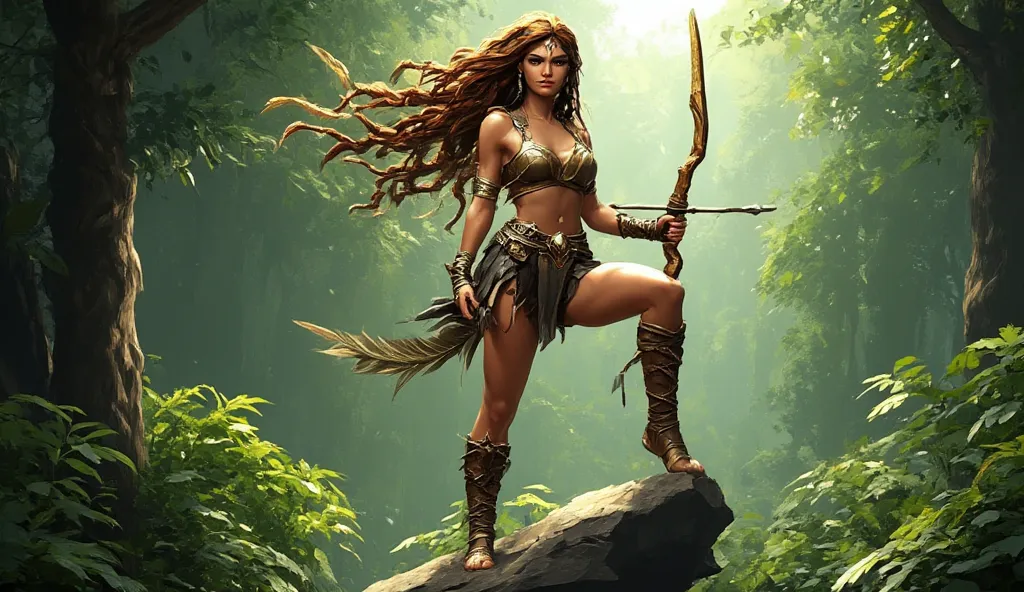 A glamorous Amazon with long braided hair adorned with golden feathers, wearing leather armor that embraces her curves, posing with a bow in her hands and her leg raised on a rock in the jungle.