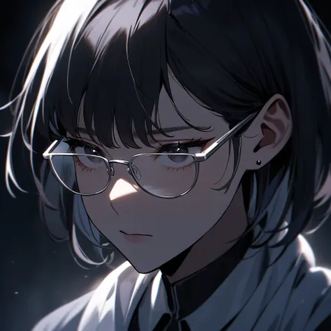 Anime girl, long dark hair, dark eyes, silver rimmed glasses, beautiful, cold expression, apathetic, emotionless face, dark background, cool, pretty