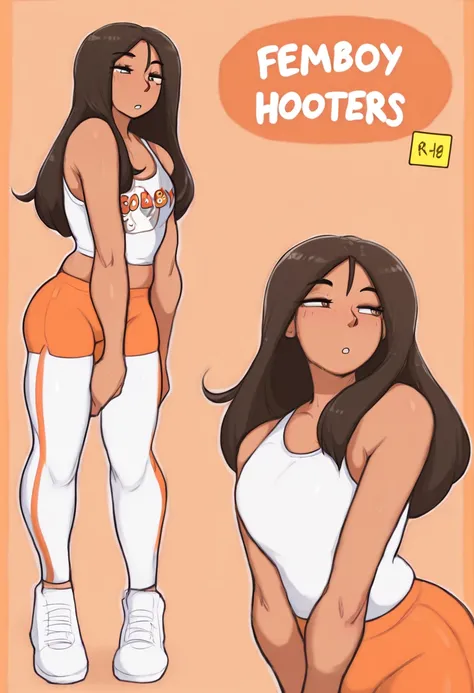 art by dross, artist:dross, best quality, masterpiece, 1boy, no bangs, brown skin, black hair, long hair, brown eyes, femboy hooters, face focus, rating_safe, safe for work, cute, full body, 1 guy 