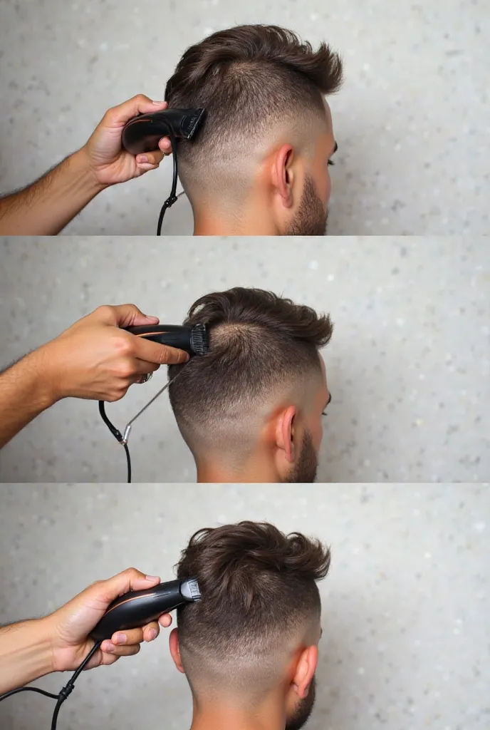 Sequence of 3 images showing the step by step of a degrade cut, with hands holding a hair clipper,  on a light and minimalist background .