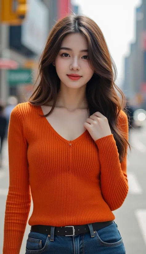  (masterpiece), in high-definition images、 attractive young woman ,  beautiful eyes, Early afternoon, Orange knit,stylish jeans 、    Face detail   ,  forward leaning posture,    Full Body High Quality Image   , times square background,   standing  , Smilin...