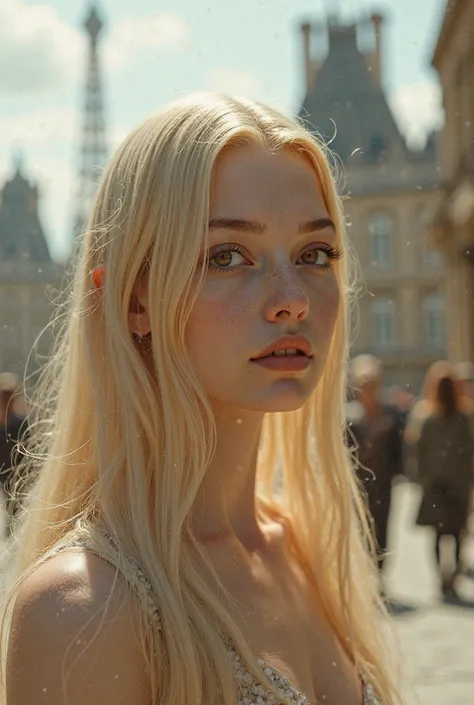 Create a long-haired, blonde-haired, brown-eyed AI at a Paris tourist spot backwards 