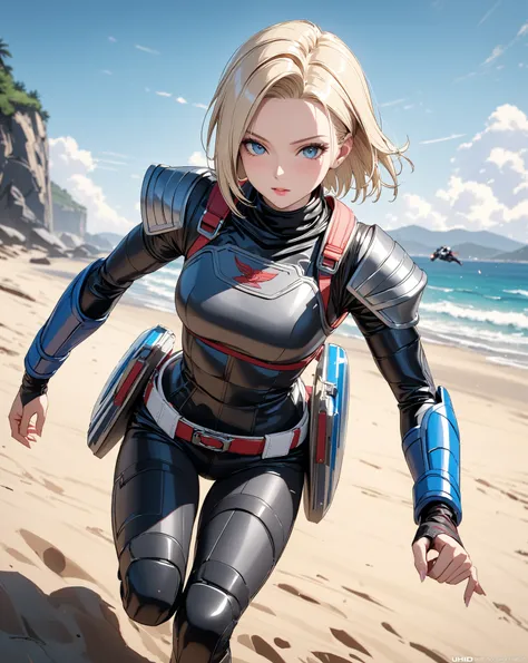 Hero Landing, A Hero Landing, coastal, Ninja,  girl, (Android 18), masterpiece, highest quality, UHD, retina, masterpiece, accurate anatomy, super detailed, high quality, best quality, 8k