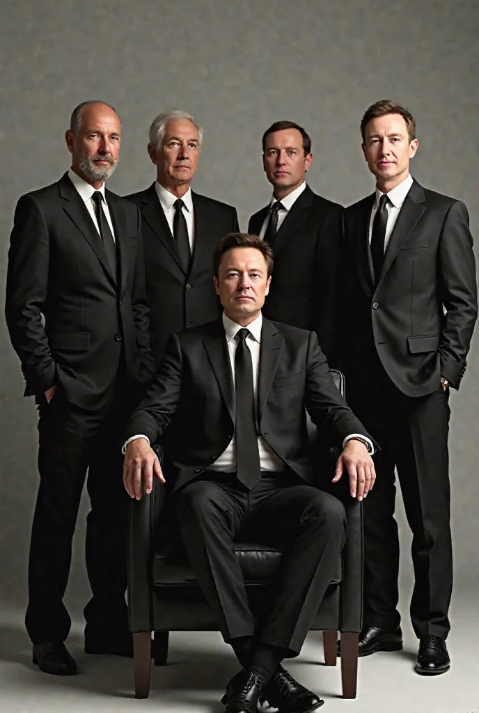 A group picture of Elon Musk, Jeff Bezos, Mark Zuckerberg, Larry Ellison, and Bernard Arnault, wearing black suit, Elon Musk is sitting on a chair and the rest are standing beside him