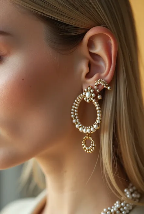 A stunning close-up of a woman's ear adorned with an intricate arrangement of gold and pearl earrings, including statement hoops and delicate clustered pearls and perl ear cuffs. Her sleek blonde hair is tucked behind her ear, highlighting the luxurious, h...