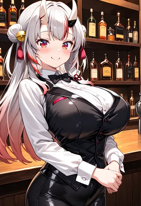 (Highest quality , 8k , masterpiece , incredibly absurdres , perfect body , super detailed skin , highly detailed eyes and face , 1 woman ) ,  nakiri ayame , Silver Hair , red eyes , demon horn , smile ,  will be happy , (  Bartender Costume  , white shirt...