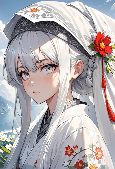  Head Veil , Grey Veil,  white hair, Grey White,  Gubes Art Style, Arrogant and indifferent girl, Half-squinted, White eyeballs, White Eyes, National style , Off-white