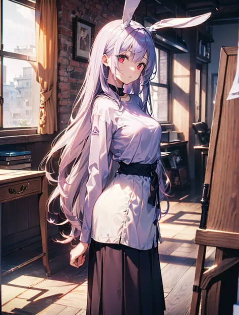 realistic,Highest quality, Super Detail, high quality CG rendering,  THE MOST DELICATE AND BEAUTIFUL ,  floats softly, High Resolution, (1 girl), (Highest quality,4K,8k,masterpiece:1.2), ( light purple hair:1.5),( pretty long hair:1.5),(red eyes:1.5),(Rabb...