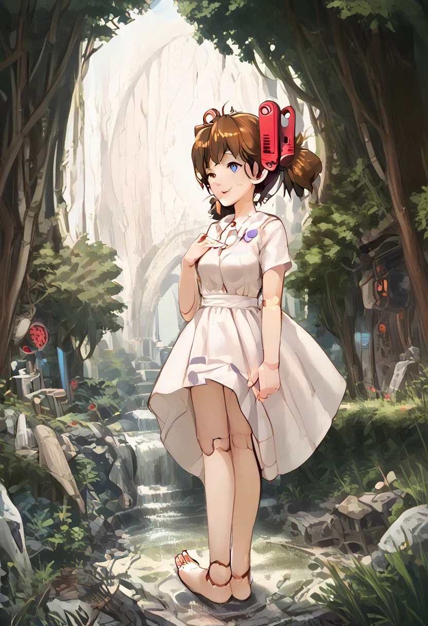 A girl is jumping up on the forest, Middle age, joint seam,full body view, height 160 cm mechanical lady, skin pigment , she gets ecstasy, very short pigtails, brown hair, Hair tie with two red big red clothespins, mature, android, blue eyes, full body fig...