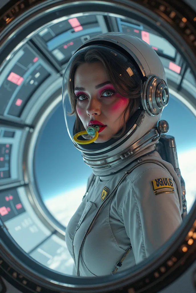 Create the image of a woman wearing makeup with a pacifier in her mouth and lipstick and wearing an astronaut suit in space in a spaceship 