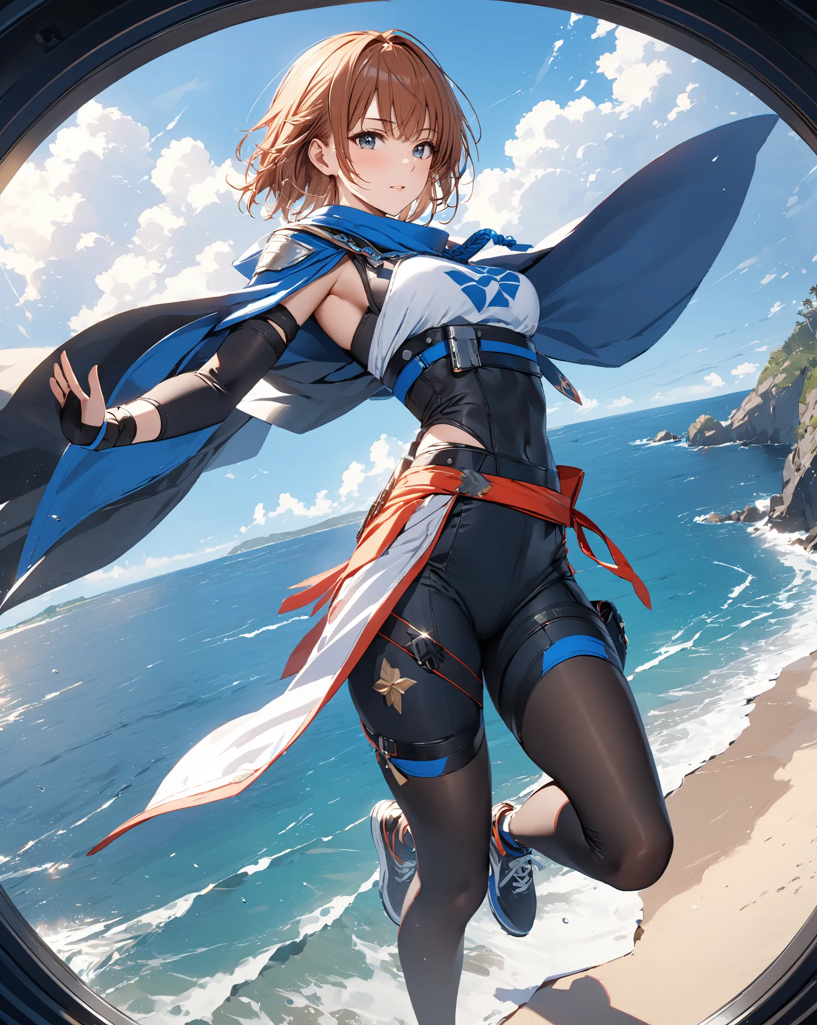 Hero Landing, A Hero Landing, coastal, Ninja, ( Misaka Mikoto), masterpiece, highest quality, UHD, retina, masterpiece, accurate anatomy, super detailed, high quality, best quality, 8k