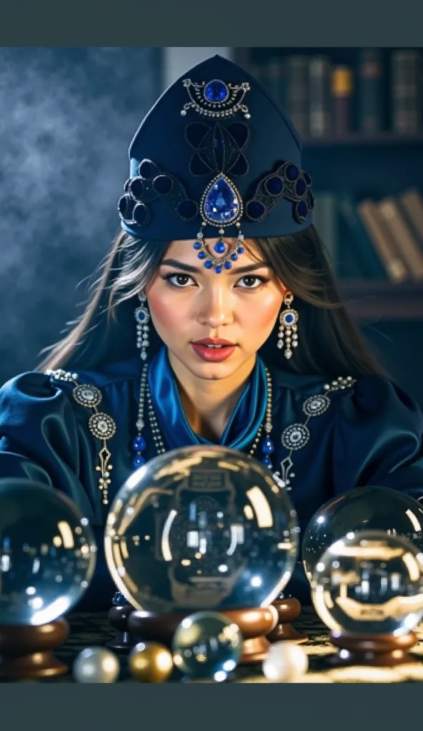 
A mysterious woman, dressed in a luxurious and detailed costume in dark blue tones, adorned with embroidery and shiny stones. She wears a sophisticated hat with blue and silver jewelry, including a central pendant on her forehead. His gaze is intense and ...