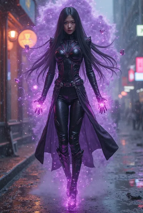  An Asian woman with long and straight hair , tinged with purple, that float around her as if in zero gravity. Her eyes shine in an intense lilac shade, indicating her psychic powers. She wears a black and purple futuristic costume, with pulsating luminous...