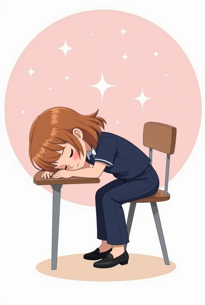 A cute cartoon style illustration of a brown-haired girl, wearing a dark blue short-sleeved uniform, dark blue slacks and a hat, and black pumps. She looks sleepy, her eyes closed, and she is sitting with her head down on her desk, sleeping. The background...