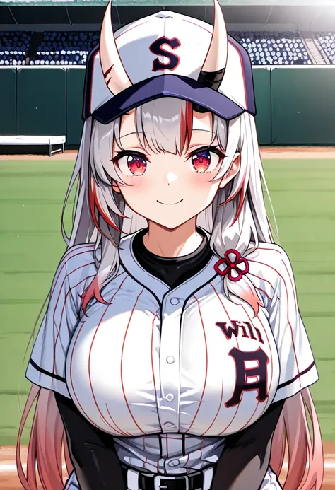 (Highest quality , 8k , masterpiece , incredibly absurdres , perfect body , super detailed skin , highly detailed eyes and face , 1 woman ) ,  nakiri ayame , Silver Hair , red eyes , demon horn , smile ,  will be happy , ( baseball uniform, baseball cap , ...