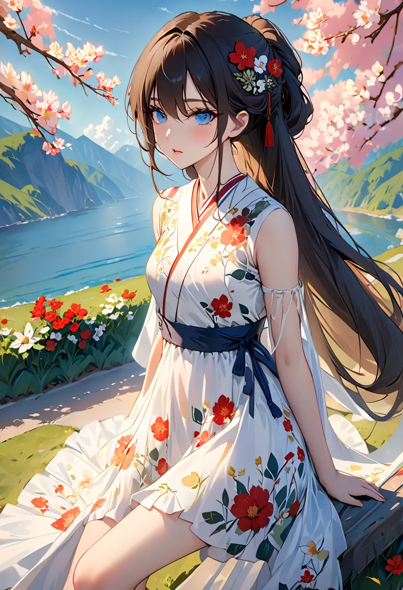 ((Highest quality, 8k, masterpiece: 1.3)), 1 girl,  slender beauty : 1.3, (long hair: 1.2),  floral dress, long legs: 1.1,  super fine, beautiful eyes, double eyelid, Outdoors