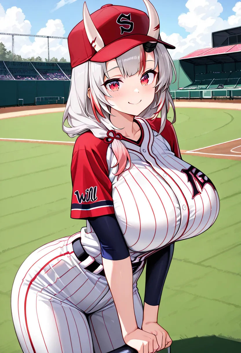 (Highest quality , 8k , masterpiece , incredibly absurdres , perfect body , super detailed skin , highly detailed eyes and face , 1 woman ) ,  nakiri ayame , Silver Hair , red eyes , demon horn , smile ,  will be happy , ( baseball uniform, baseball cap , ...