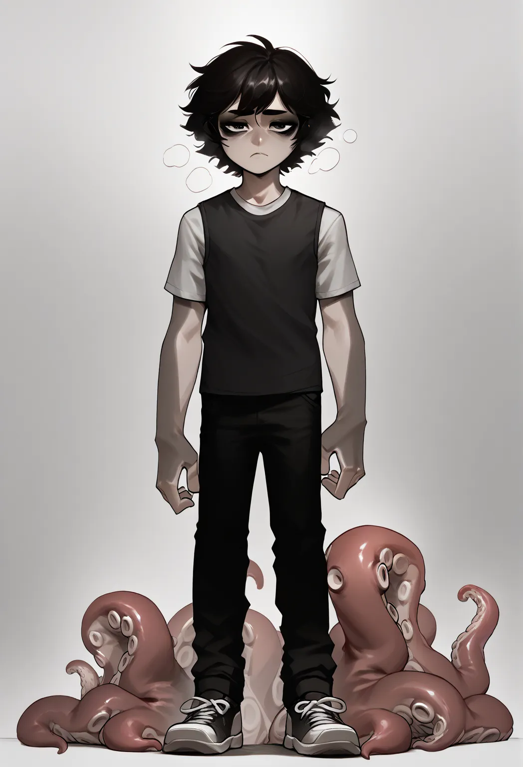  1 hombre, white t-shirt with a vest on it,  black pants, Dress shoes, octopus eyes,  pelo negro corto, tired face, look bored, Tentaculos salen de su espalda