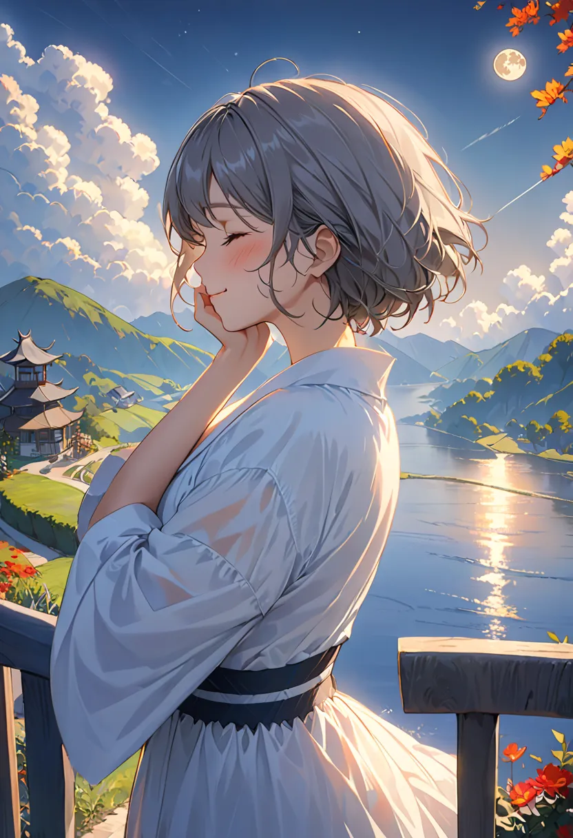 (masterpiece, Highest quality), (Real Pictures, complicated details), (afternoon,  moon,  moonny) Road entrance, embrace the  moon, the  moon hits the body,  eyes are slightly closed. (1 girl,  Messy Short Gray Hair  , embracing the  moon, Lift your chin a...