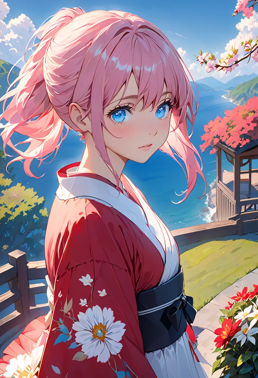 High Resolution, masterpiece,Mitchon Shikimori, pink hair, Alone, 1 girl,outside,detailed background, detailed eyes, (( blue eyes))