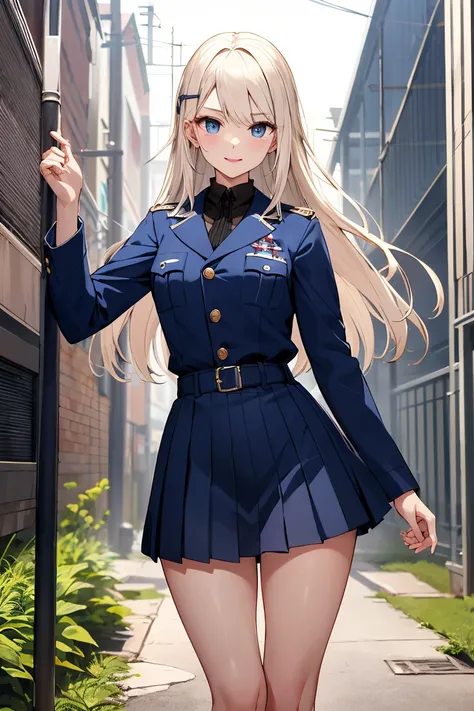  best image quality、4K、Ultra High Precision 、 highest resolution、 masterpiece、（  with a surprised expression  ） wear 1 female soldier  （ mature woman）  European face  。 platinum blonde 。 long straight hair （（hair、  Finish  、 Navy blue mini pleated skirt th...