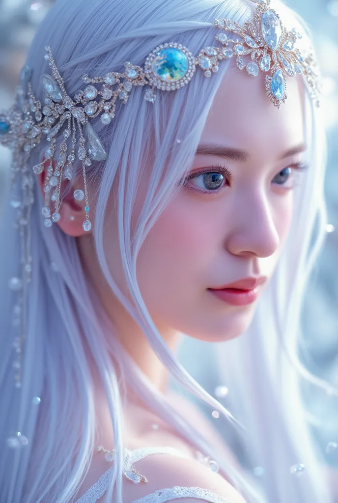 Focusing on very sexy ultra HD 8k milky white long legs、a very beautiful anime style goddess and showing her divine beauty anime style with crystal ornaments on a very beautiful face。