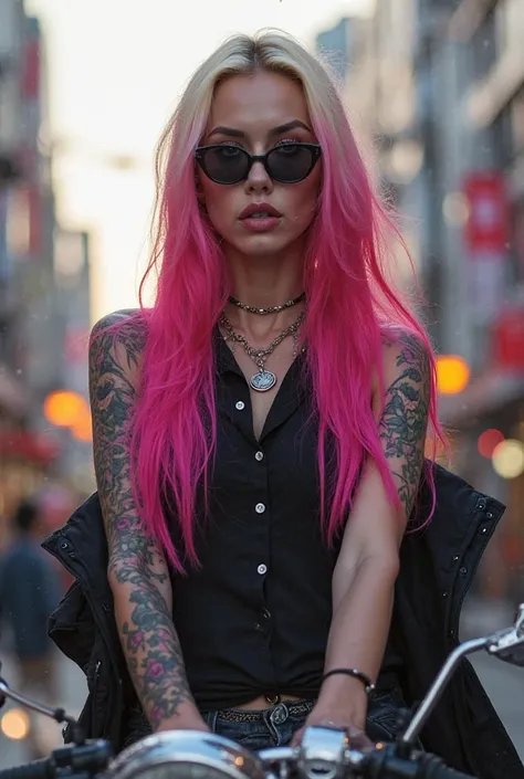 Woman with long straight blonde and fuchsia hair with a circle of pink eyes black lips a ring on her nose dark glasses wears a sleeveless polo shirt and a black jacket has tattoos all over her arm and neck with colored flowers, wear a necklace or necklace ...