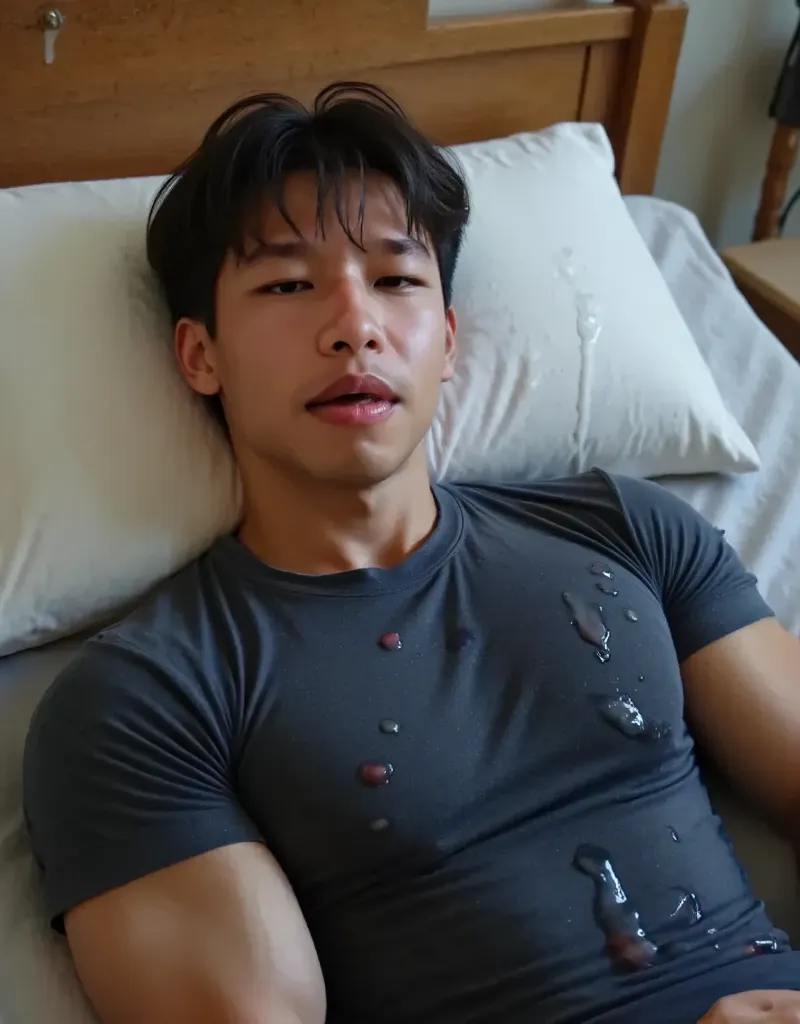 Handsome korean man opens his mouth wide ,(Wear a navy short-sleeved crew neck top:1.5),  Big muscles. Lie on the floor , ( Cum on Face:1.8),Lying on a bunk bed, he wept in agony, with a slight bruise of blood on his cheek. ,, Nail marks on the face, ( Cum...