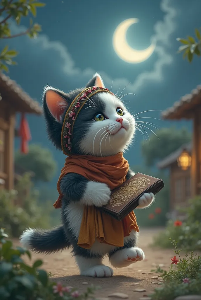 A fluffy white and black kitten in casual clothes with saroong and kopiyah, walking in the rural village, bring the quran in his hand, see the moon in the night, view from side back