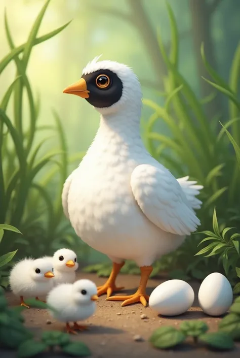  quail , white with a black dot on the head, plump but sporty, against grass and nature and quail eggs with 3 white quail chicks 