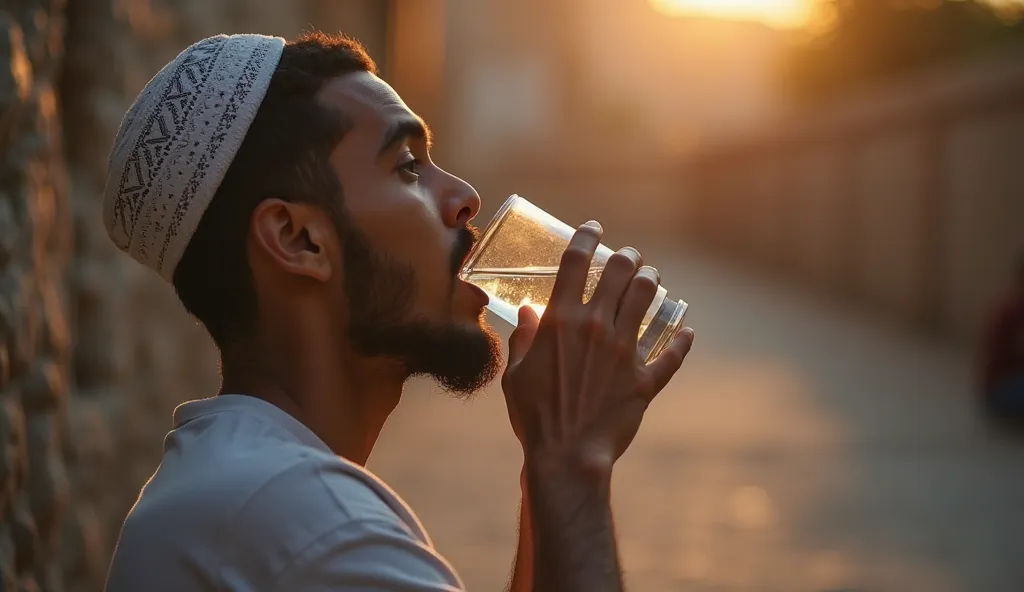 "A young Muslim man taking his first sip of water after a long day of fasting. His face lights up with gratitude as the camera captures the moment in slow motion, emphasizing the spiritual connection of breaking fast."