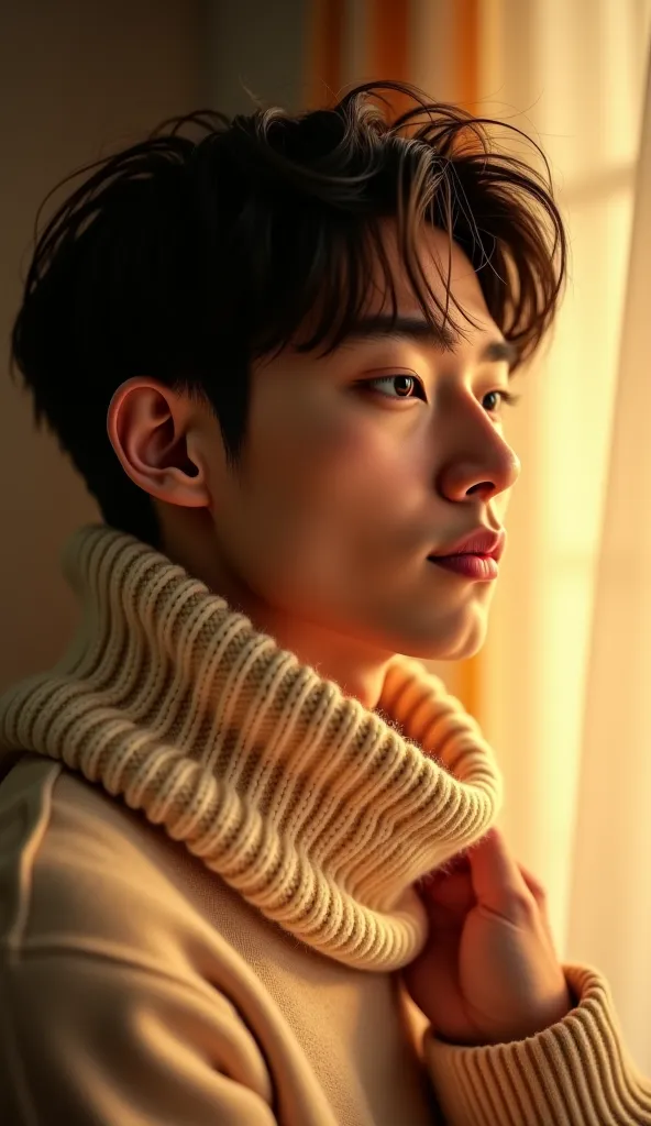 1 person　K-pop idol-like face　male in his 20s　profile　 soft atmosphere　The vibe is like a boyfriend　 wearing a sweater 　I'm wearing a muffler　Close-up image　