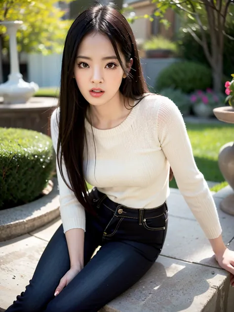 a woman in a sweater and pants, long hair, shirt, black hair, brown eyes, sitting, lips, black pants, backless outfit