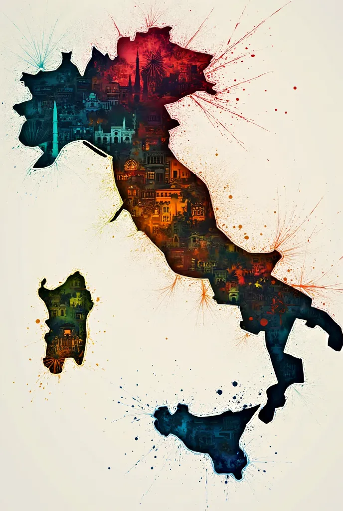 Italy in Metamorphosis: A transforming map of Italy, created with brushstrokes of color suggesting change, evolution, and cultural diversity.