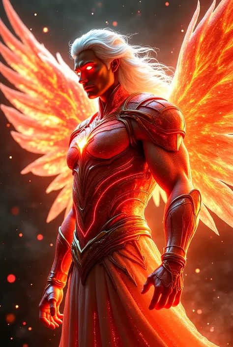 "A celestial angelic warrior, distinctly masculine, with glowing red eyes, long white flowing hair, and intricate metallic armor pulsating with dynamic electric red energy. His radiant crystalline halo emits fluid light waves. Large, fully visible feathere...